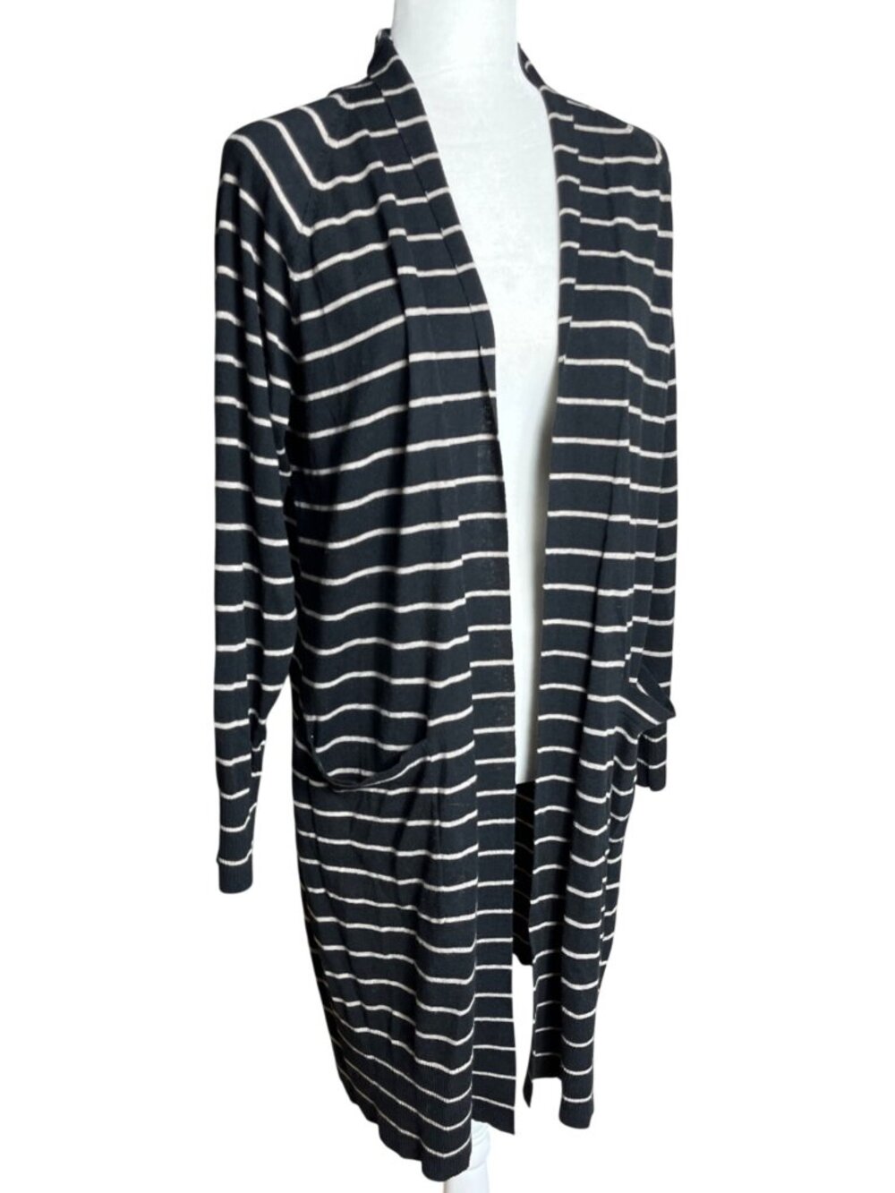 A new day Long Open Cardigan Sweater Black Stripe Fine Knit Layering Basic Wom M